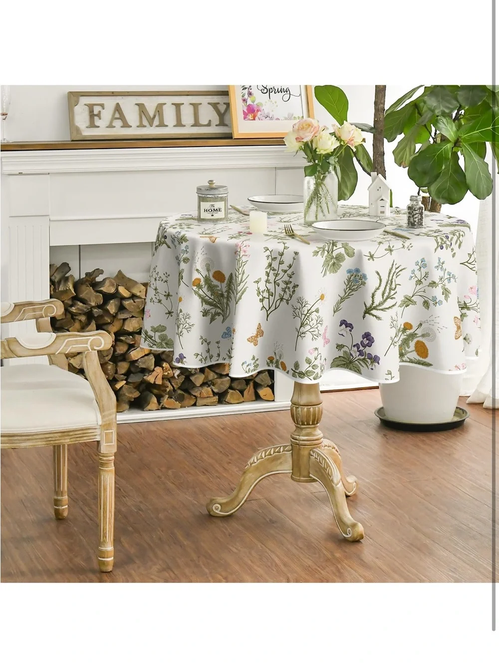 NEW Horaldaily Spring Tablecloth 90” Round Watercolor Wildflowers Herbs Washable